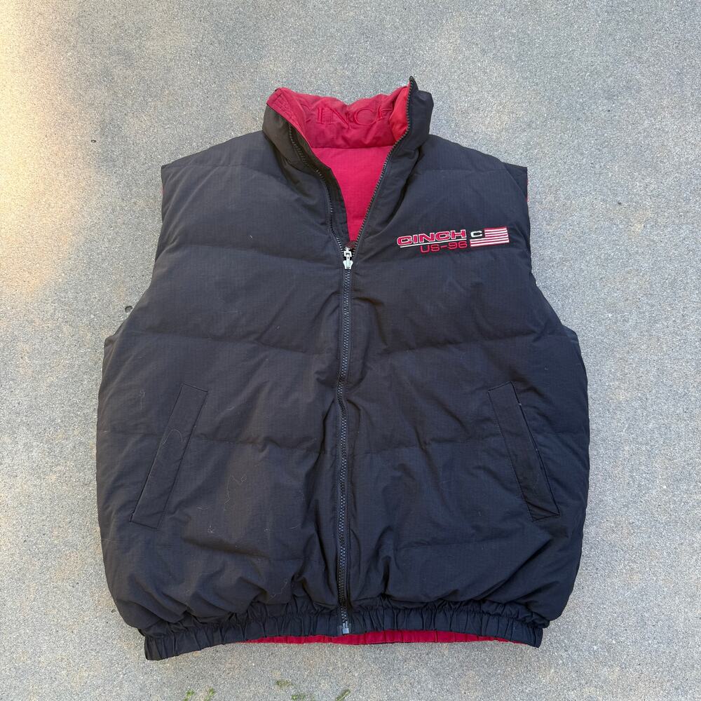 Vintage 90's Cinch US-96 Pro Team Black Red Reversible Down Puffer Vest Sz Large